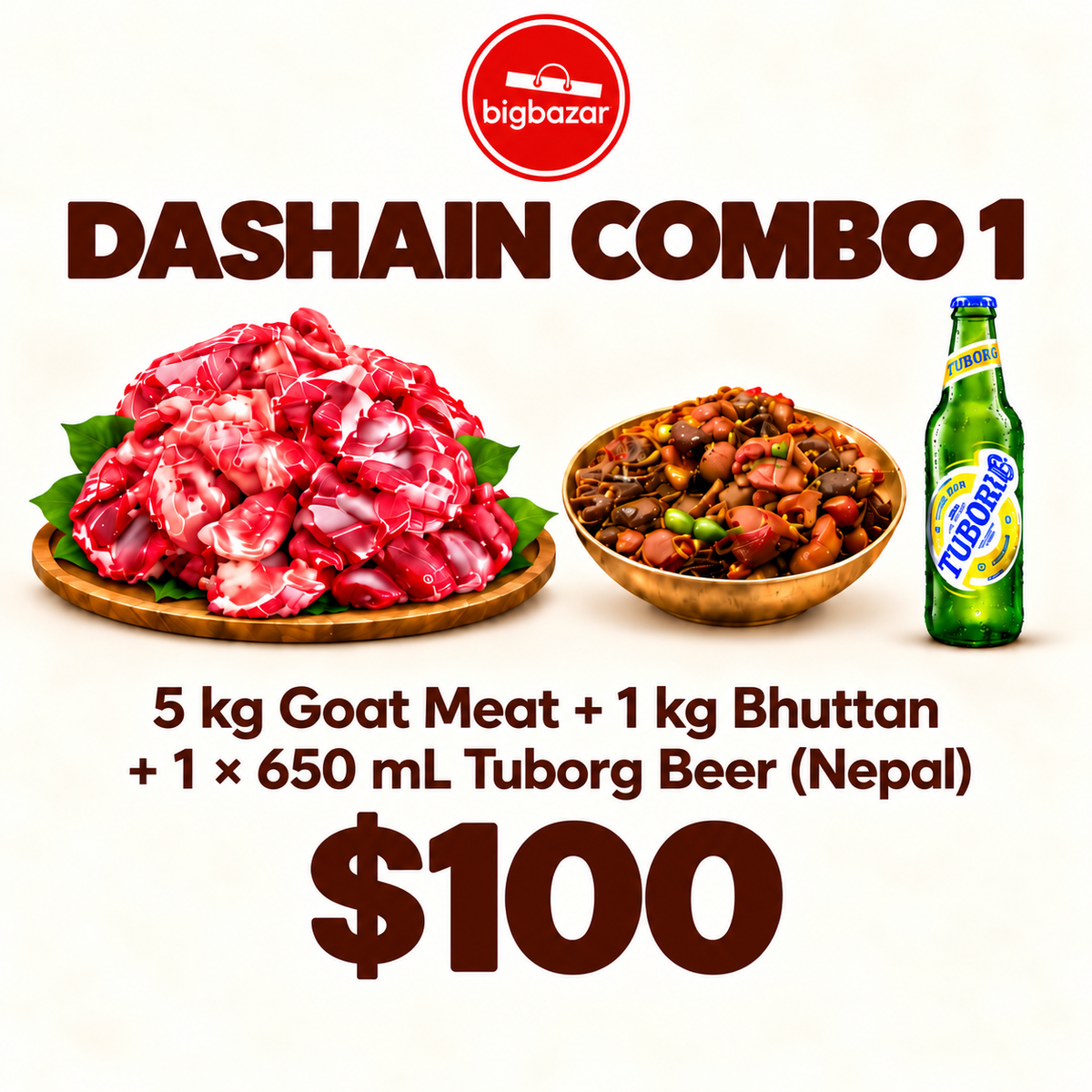 Dashain Combo - 5 kg Goat Meat + 1 kg Bhuttan + 1 × 650 mL Tuborg Beer