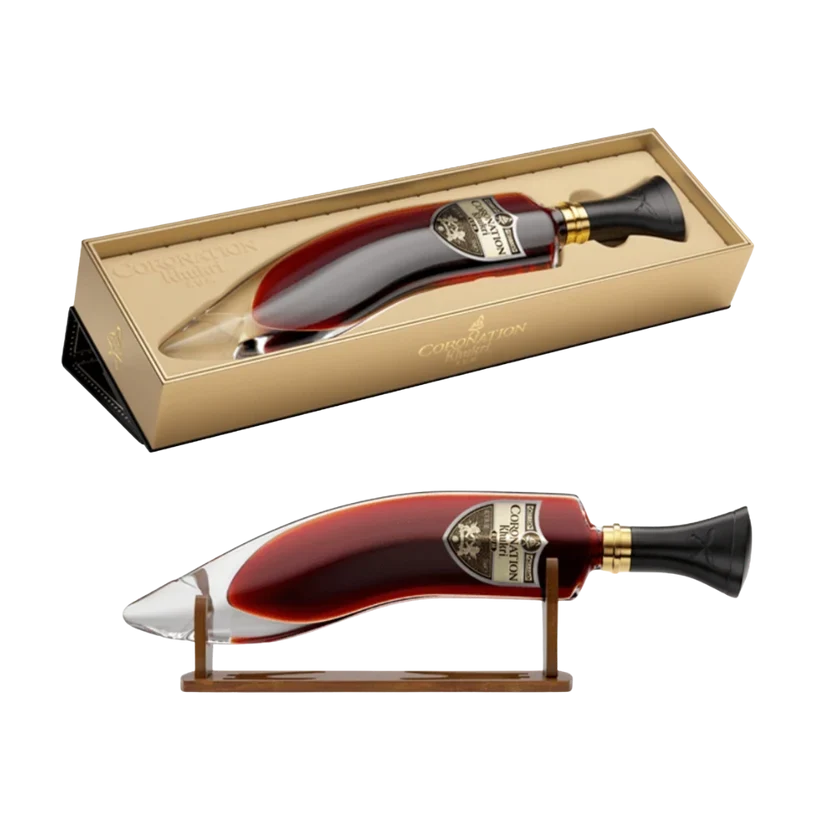 Khukri Coronation rum in a knife-shaped bottle with presentation box